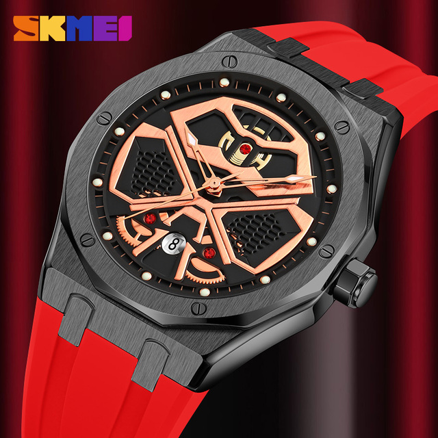 Skmei 9362 Fashion Sport Alloy Case Men's Quartz Watch 20mm Silicone Band Pointer 3BAR Water Resistant 41.7mm 3D Mechanical