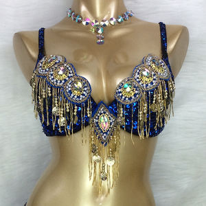 סט תלבושות לריקודי בטן עם חרוזים בעבודת יד חזייה+חגורה 3 חלקים פוליאסטר בגדי ריקוד לנשים - Product Image 4