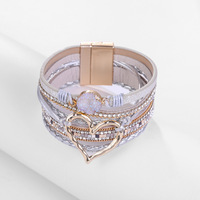 Bracelet en cuir bohème pour femmes, cœur creux, multi-rangs, fermoir magnétique, zircon