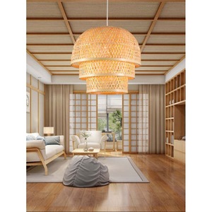 โคมไฟระย้าทรงกลมแบบจีน ทำจากไม้ไผ่สาน ใช้หลอดไฟ LED E27 สำหรับห้องน้ำชา ตกแต่งภายในสไตล์เซน ขนาด 80*80 ซม. - Product Image 1