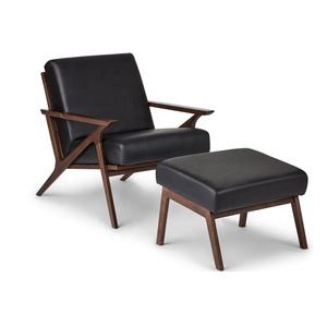 Lounge <strong>Arm</strong> <strong>Chair</strong> With Ottoman in Wood Frame <strong>Black</strong> Leather Accent <strong>Chair</strong> - Product Image 5