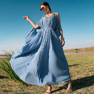 SIPO azul claro cuello en V media manga Abaya viaje costura diamante señoras hombro vestido Dubai moda Boutique Burkha vestido - Product Image 2