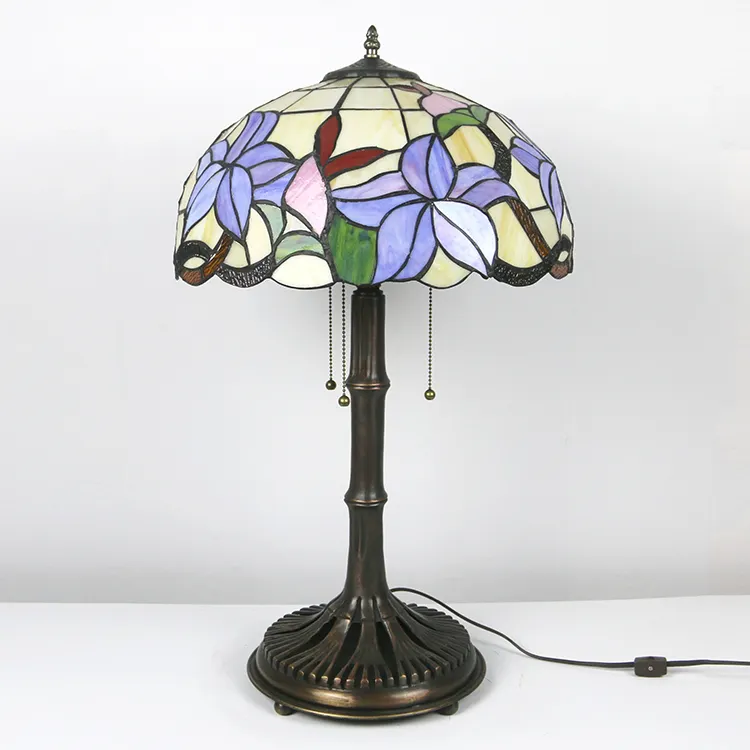 LongHuiJing 16Inch Tiffany Style Floral Stained Glass Lampshade Table Lamps Antique Bronze 3-light Desk Lights