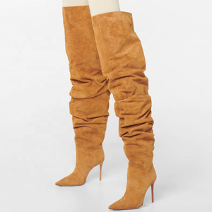 Wide Fit Thigh High Booties Women Pleated Stiletto High Thin Heels <b>Shoes</b> Suede PU Over the Knee Sexy Pointy Toe Pumps - Product Image 3