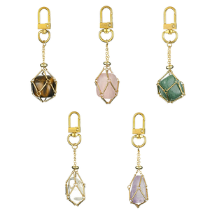 Eco-Friendly Feng Shui Square Interchangeable Natural Gemstone Cage Basket Pendant Keychain with Healing Crystal Holder