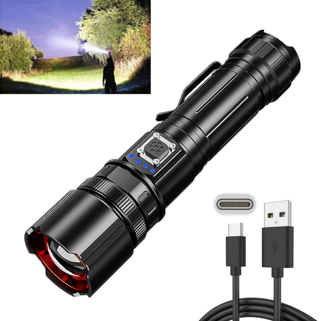 Tactical Flashlight Clip for Hiking Camping Emergency Use IP55 Waterproof 5000mAh Rechargeable Battery Aluminum Alloy 1000+