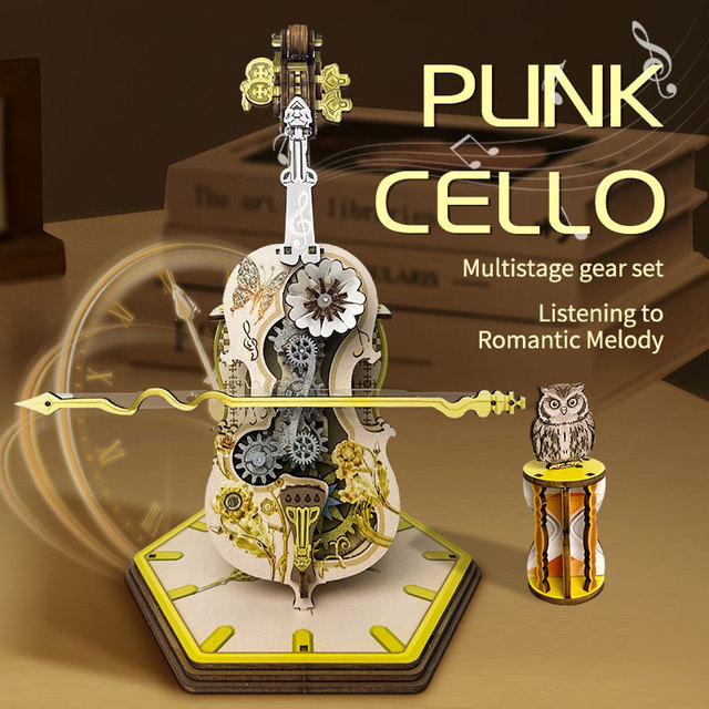Y-TOP Punk Cello Mechanical Music Boxes Handmade Assembly Toys for Kids 3D Wooden Jigsaw Puzzle Decorative Gift