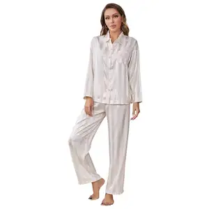 Yüksek kaliteli kadın ipek saten şerit pijama İki parçalı setleri yeni moda uzun kollu pijama seti