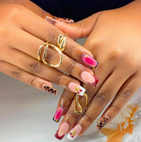 Ongles artificiels carrés tropicaux d'été en acrylique à couverture complète, courts, avec motifs de fleurs roses, vagues océaniques, coquillages dorés et étoiles de mer