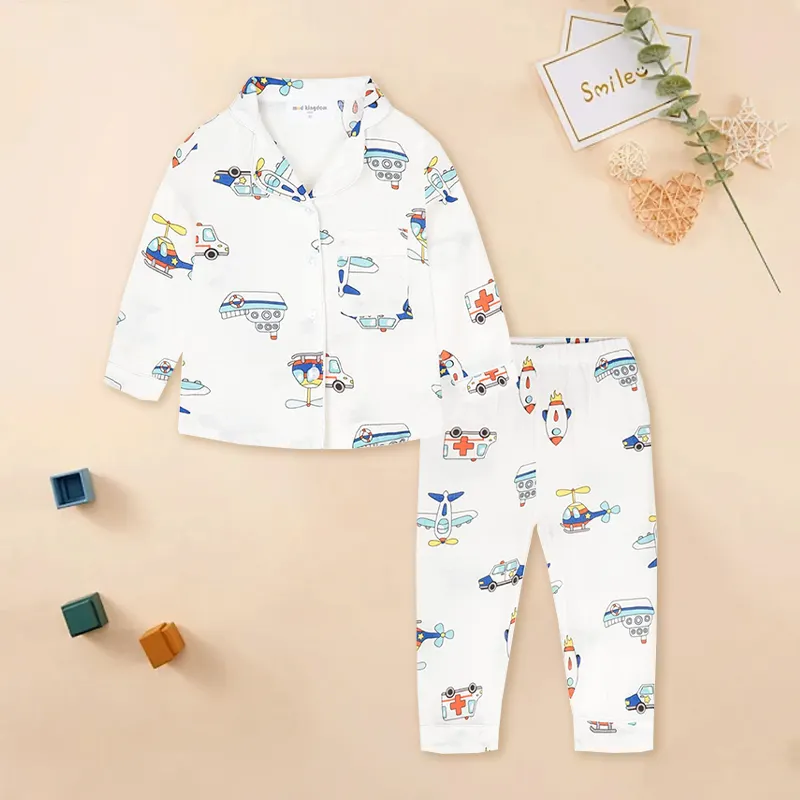 Household clothing Lapel children's cotton pajamas set Baby girl boy printed pajamas long sleeve children's two piece pajamas