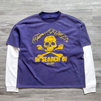 Camiseta de Manga Larga Personalizada de Doble Capa, Tejido de Algodón Grueso, Corte Cuadrado, con Estampado de Letras y Logotipo, Lavado Ácido, Efecto Desgastado por el Sol, Talla Grande para Hombre