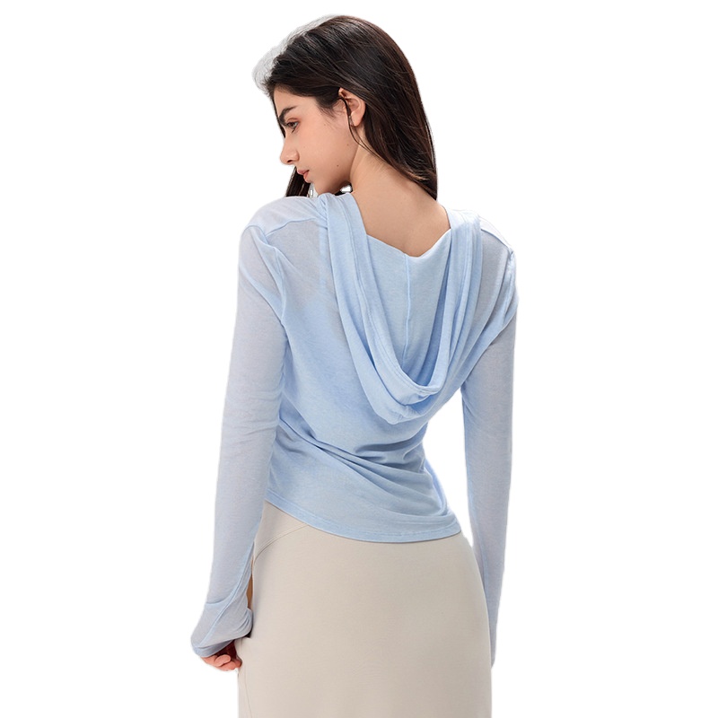 Spring Summer Fashion Loose Yoga Blouse Hooded Long-sleeved T-shirt Casual Draped Fitness Top Lightweight Breathable for Solid