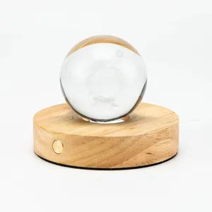 3D laser carved luminous crystal ball glass decoration solar system moon luminous wooden base night light