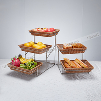 Présentoir à Desserts Commercial Multi-niveaux en Acier Inoxydable avec Paniers en Rotin – Portable pour Restaurants et Hôtels