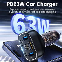 Chargeur USB pour voiture électrique 63W, 6 ports, charge rapide, Type-C PD30W QC3.0, adaptateur pliable avec lumière respirante