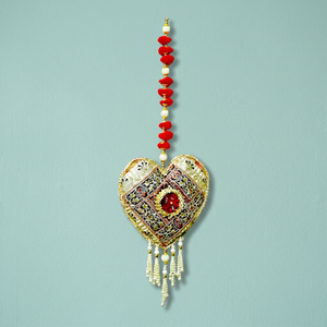 Traditional Golden Heart Medallion with Premium Fabric Intricate Zari Embroidery Beaded Accents - Product Image 3