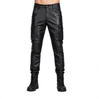 Pantalon cargo en cuir pour homme, coupe slim, avec genoux côtelés, style motard, brodé, vintage, imperméable, personnalisé, noir, vente en gros
