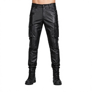 Wholesale Mens Leather Cargo Pants Ribbed Knee Slim Fit Motorcycle Biker Trousers Custom Black Faux Genuine Leather Joggers Men - Product Image 1