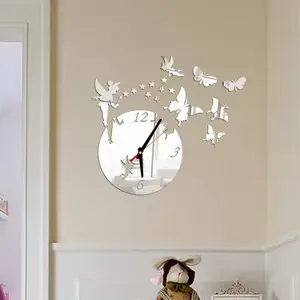 Kelebek kız ve yıldız 3D akrilik oturma odası dekorasyon ayna duvar saati
