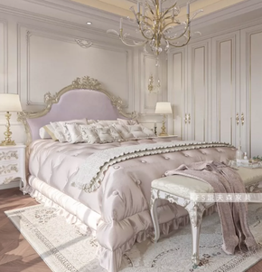 Letto in Legno Massello Stile Francese Lusso Leggero e Reale, Opulento per Camera <span class=keywords><strong>da</strong></span> Letto Matrimoniale, Viola Sognante, 1800mm, con Testiera Morbida Intagliata - Product Image 4
