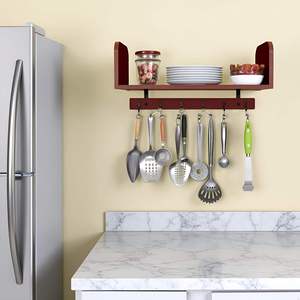 Estante de pared para cocina, utensilios de cocina, espátulas y cucharas, combinación de hierro y madera, estante multifuncional de doble capa para sala de estar - Product Image 4