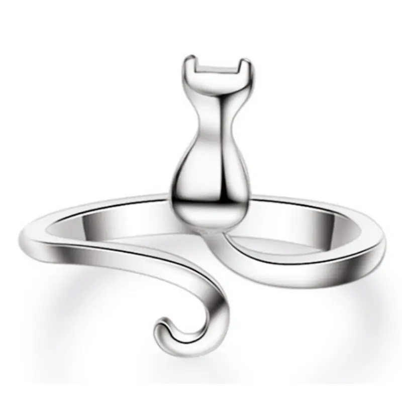 925 Sterling Tinh Khiết Bạc Kitten Mở Có Thể Điều Chỉnh Nhẫn Động Vật Thiết Kế Độc Đáo Mèo Vòng Cho Cô Gái