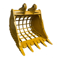 Grille de tamis pour godet d'excavatrice 20T, avec lames de protection soudées pour roche, à lanières anti-usure, jaune brillant, à fixation par broches, pour 20 tonnes