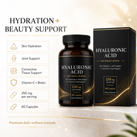 Acide hyaluronique en capsules de marque privée 250 mg avec biotine 5000 mcg et vitamine C pour l'hydratation de la peau et le soutien articulaire, OEM 60 capsules