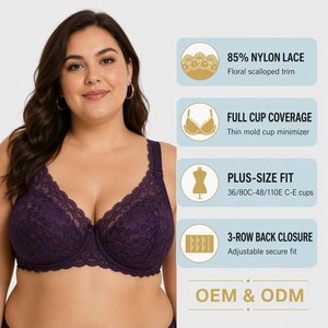 Spitzen-BH für Damen in Übergröß<span class=keywords><strong>e</strong></span>, Vollschalen-BH, Minimizer, Push-up, Stützender Set, dünn geformte Seiten, glättend, bis Größ<span class=keywords><strong>e</strong></span> 48E - Product Image 1