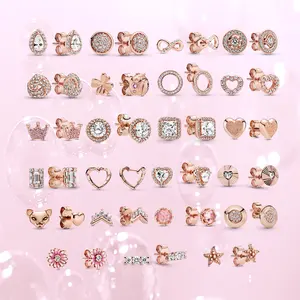Factory wholesale charms thailand jewelry sterling silver S925 rose gold earrings original Heart earrings flower round earrings