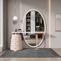 Champagner-Beige Marmor-Waschtisch-Set mit LED-Beleuchtung, Großem Ovalem Spiegel, 3-Schubladen-Schrank und Gestepptem Hocker für Schlafzimmer-Dekoration