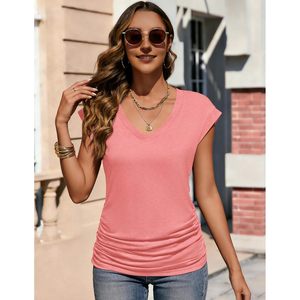 FOXA <b>Womens</b> Ruched <b>V</b> <b>Neck</b> <b>T</b> <b>Shirt</b> Cap Sleeve Breathable Jersey Top Casual Spring Summer Outfit - Product Image 2