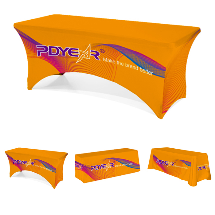 Custom Trade Show Sublimatie Gedrukt Logo Polyester Waterdicht Gemonteerd Stretch Spandex Tafel Dekken Tafelkleden