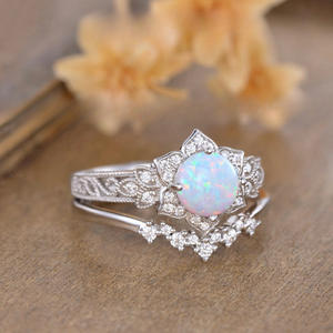 yunnique Natural <b>Opal</b> <b>Ring</b> <b>Silver</b> Flower Design Pave Setting Wedding Jewelry - Product Image 2
