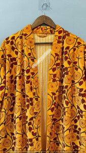 Floral Printed Long Kimono Robe With Collar Three Quarter Sleeve Yellow Polyester Wrap Style Spring Wear - Product Image 6