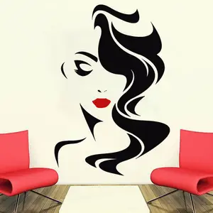 Nouveau Sexy filles vinyle sticker mural beauté Long Salon de coiffure fille visage coiffure Stickers muraux pour fenêtre salon de coiffure signe décoration