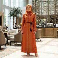 Robe Abaya Musulmane Élégante à Manches Longues avec Strass Dorés et Pompons, en Crêpe Noir, pour Femme, Usage Quotidien, Fabrication OEM