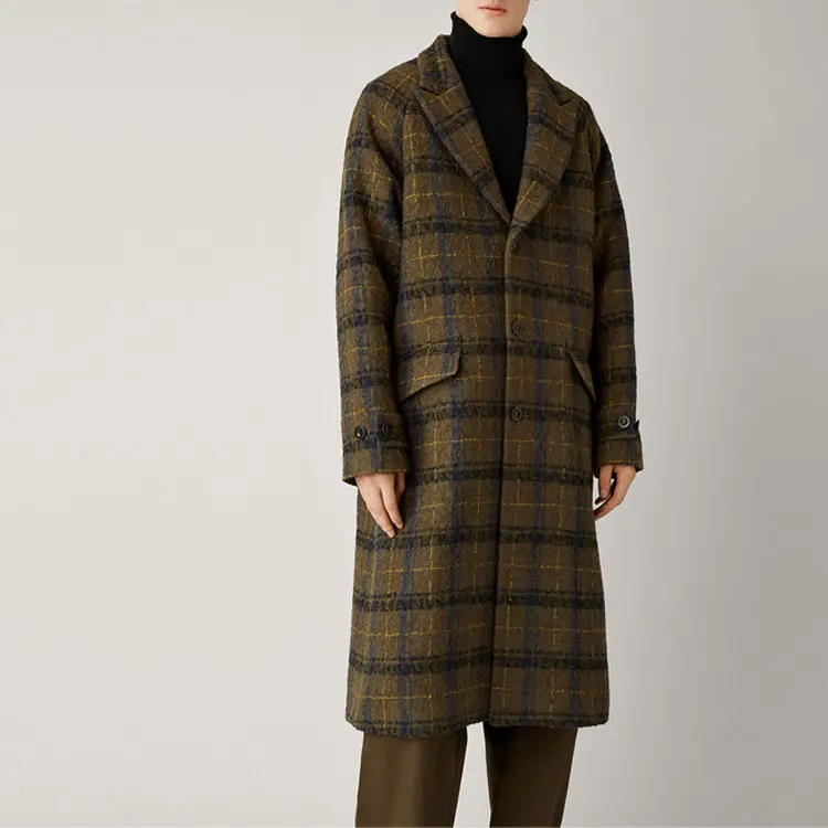 OEM Plaid Check Polyester Custom Wool Cashmere Overcoat Thick Long Winter Outwear Checked Trench Coat men's coats