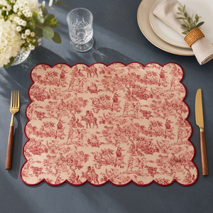 Set de table en lin de qualité supérieure à bords festonnés avec imprimé toile rouge vintage |   Nappe de table décorative élégante - Product Image 2