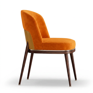 Chaise de salle à manger de luxe traditionnelle en velours orange avec structure en bois massif, garniture métallique dorée, dossier sculpté motif nuage et pieds marron - Product Image 3