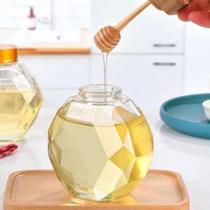 Pot madu heksagonal kosong dengan tutup gabus kayu kemasan kaca kelas makanan kaleng tertutup guci madu heksagonal dengan tongkat sendok - Product Image 2