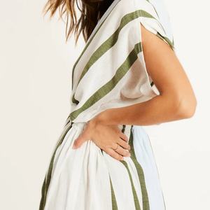 เดรสผู้หญิงขายดีรุ่นใหม่ ผ้าลินินคอตตอนลำลองแฟชั่นสำหรับฤดูร้อน ชุดเดรสฤดูร้อนผู้หญิงแบบสั่งตัดปี 2025 ลายทางความยาวปานกลาง - Product Image 3