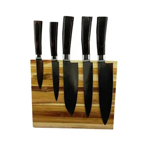 5pcs Damascus knife set acacia wood bamboo with Knife Block Magnetic