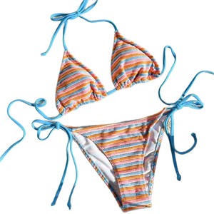 Ensemble de bikini à lacets rayés en jacquard pour femmes, maillot de bain deux pièces croisé à col licou pour la natation et les sports nautiques, bleu lac - Product Image 5