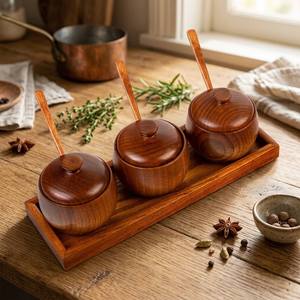 Ensemble de <span class=keywords><strong>3</strong></span> pots à épices en bois avec couvercles, cuillères et plateau – Récipients à <span class=keywords><strong>condiments</strong></span> en bois dur naturel pour rangement de cuisine - Product Image 3