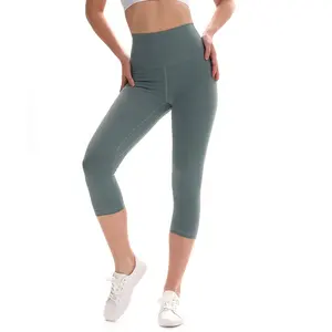 Yeni kızlar elastik kırpılmış pantolon streç spor Capri Yoga spor tayt şort cep ile