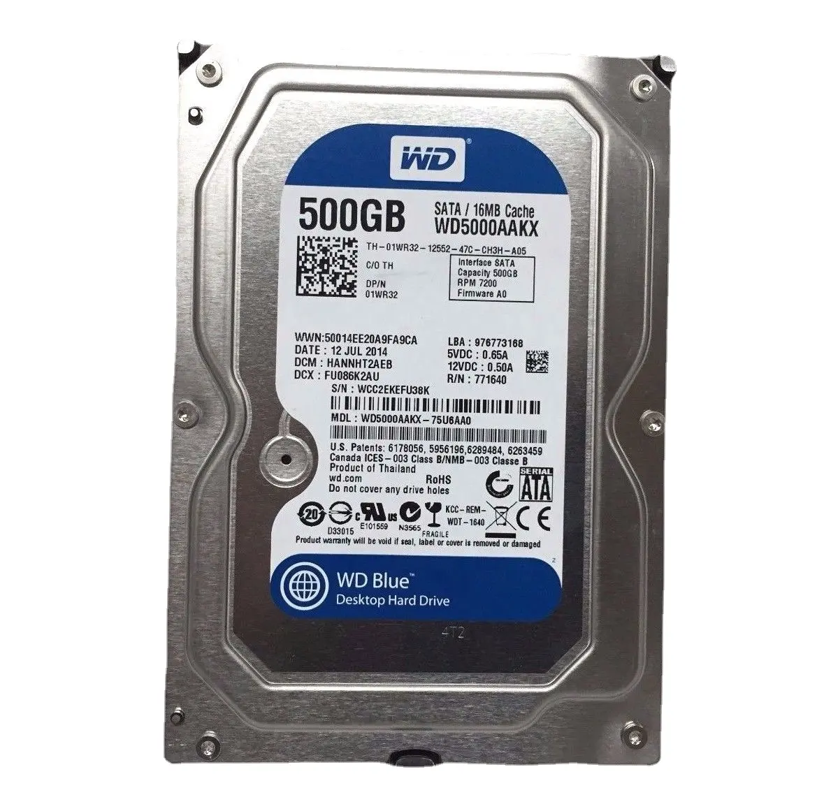 Bản gốc, 500GB màu xanh WD5000AAKX 7200RPM 16Mb Bộ nhớ cache SATA 6gbps 3.5in HDD 01wr32 1