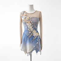 Robe de patinage et de danse dégradé bleu et blanc, maille nude, manches longues, strass floraux, pour enfants et adultes, compétition et performance