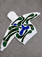 Veste à capuche zippée en satin blanc brillant pour homme, avec appliques abstraites et patchwork, style streetwear, vente en gros personnalisée
