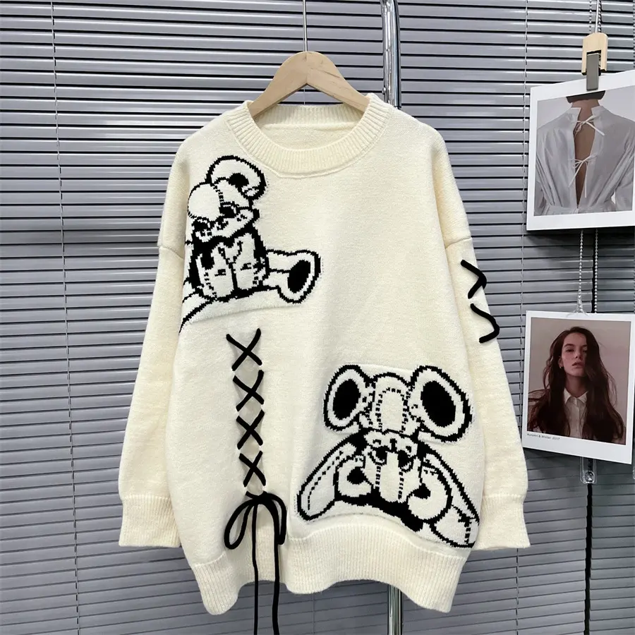 Jersey personalizado de invierno de punto de manga larga suéter mujer invierno 2024 patrón elegante señoras oso Anime suéter